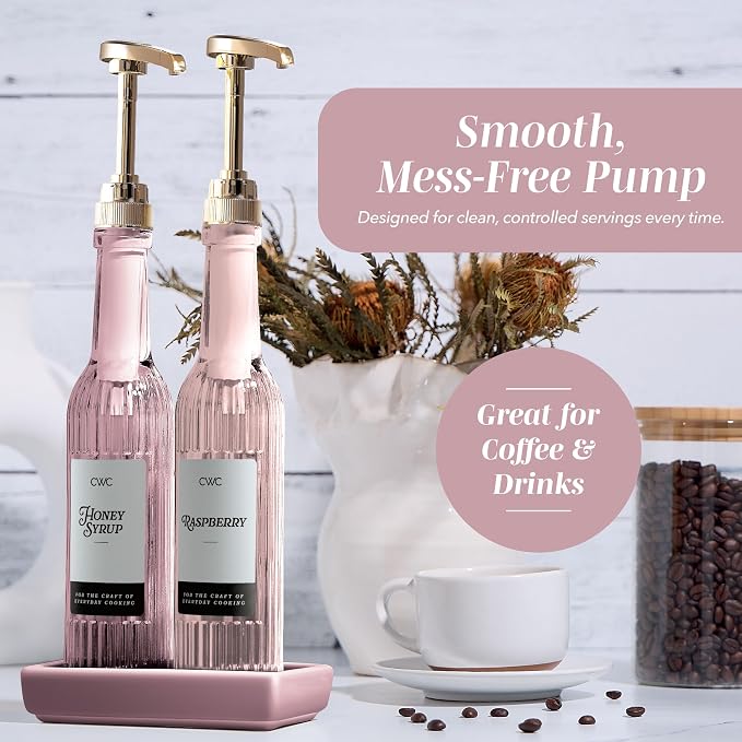 COOK WITH COLOR Glass Coffee Syrup Dispenser with Pump- Set of 2 Syrup Bottles for Coffee Bar, Decorative 350 ML Bottle with Ceramic Holder, Funnel, Labels and Extra Pumps, Textured Pink