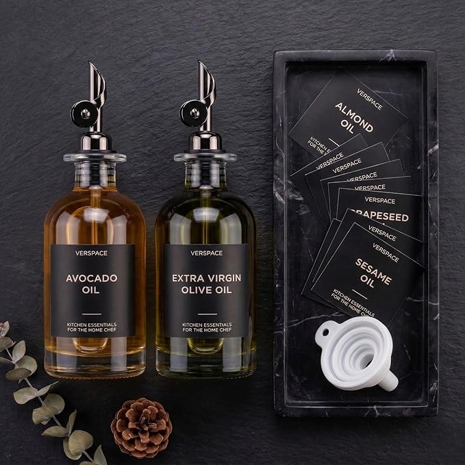 Verspace - Clear Glass Olive Oil Dispenser Bottles For Kitchen With Silicone Tray - 2 Pack - 12oz Includes 40 Labels, Soy Sauce Dispenser, Coffee Syrup Dispenser, Olive Oil Bottles Set Of 2, Black