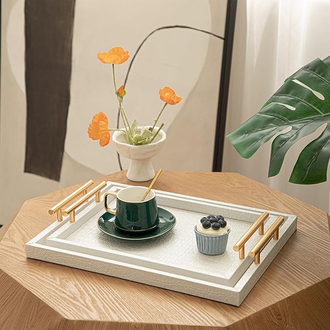 Set of 2 Modern Elegant Large Wood Serving Tray, Rectangle Decorative Tray Ottoman Tay Coffee Table Tray, Pearl White Crocodile Leather with Gold Polished Metal Handles
