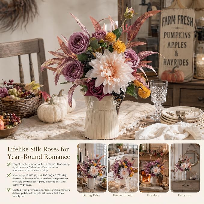 KIRIFLY Artificial Fake Flowers Silk Rose Flower Arrangements Wedding Bouquets Decorations Plastic Floral Table Centerpieces Home Kitchen Garden Party Décor (Purple White)