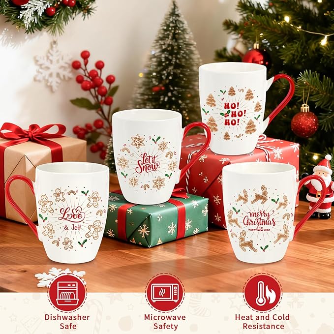 Classic Christmas Coffee Mug Set of 4, 12 oz Gingerbread Man Coffee Mug with Handle, Hot Cocoa Ceramic Mugs with Gift Box for Mom Woman Family Friends Colleagues