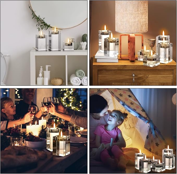 6 Pcs Crystal Tea Light Candle Holders Glass Votive Candle Stands Square Candlestick Holders for Wedding Dining Living Room Centerpiece Decorations, 1.57", 3.15", 3.94"