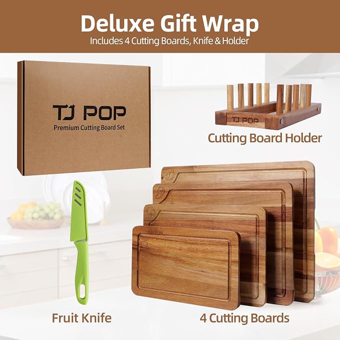 Wood Cutting Board Set of 4, Wooden Chopping Boards with Food Icons for Kitchen, Charcuterie Board for Meat, Vegetables, Fruits, Cheese