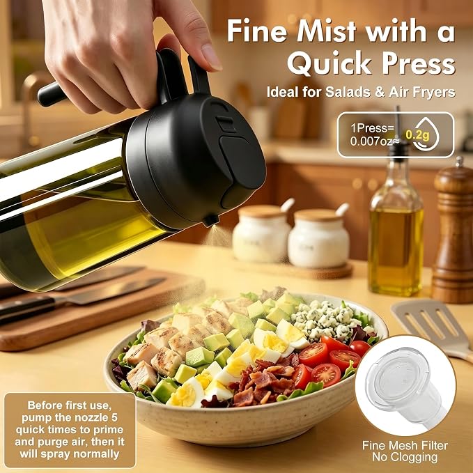 Poshetion 2 in 1 Olive Oil Sprayer for Cooking, 16oz Light-Proof Oil Dispenser for Kitchen, Leak-Proof Oil Spray Bottle for Air Fryer, Salad, BBQ, Baking, Grilling - Black & Black