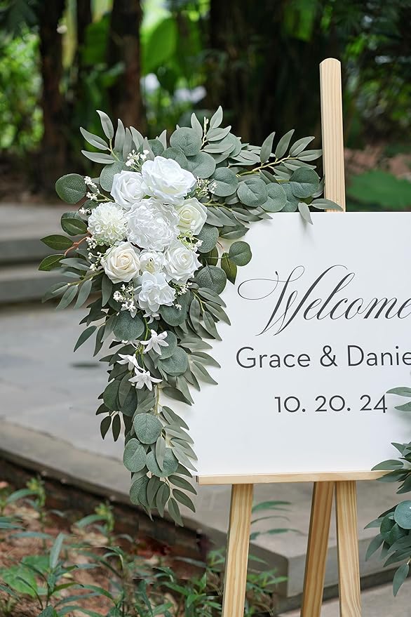 Olalaka Artificial Flower Swag Set of 2 for Wedding Welcome Signs Floral Decorations, White Wedding Arch Flowers for Wedding Ceremony