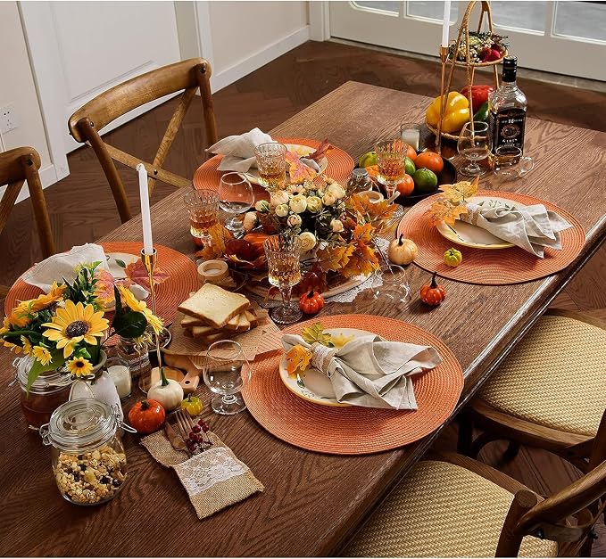 AHHFSMEI Round Placemats Set of 4 Heat Resistant Washable Non-Slip Woven Braided Table Mats for Dining Table Kitchen & Home Decor (Orange, 4)