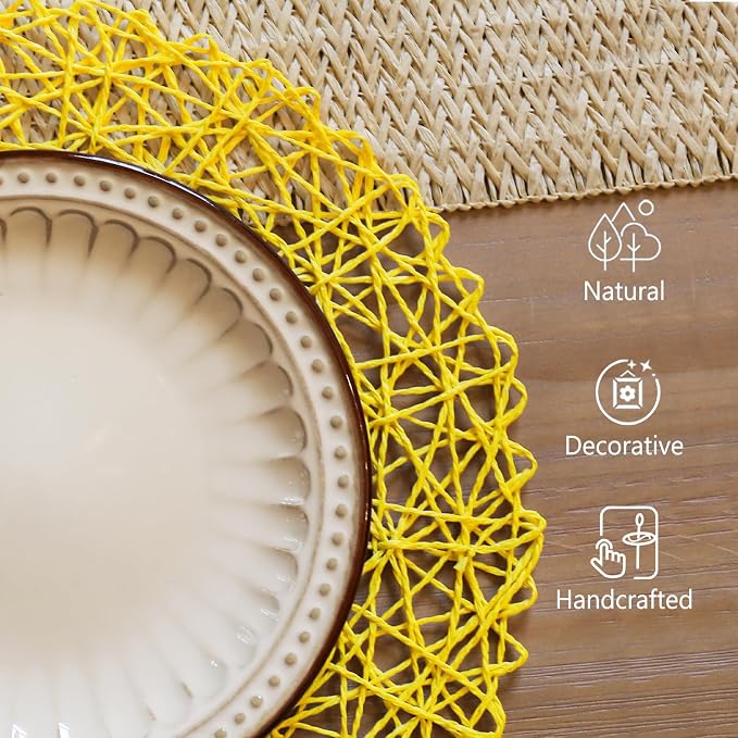 AHHFSMEI Paper Braided Round Placemats Set of 8 Natural Non-Slip Heat Resistant Table Mats for Dining Tables Woven Indoor Outdoor Place mats for(Yellow,8)