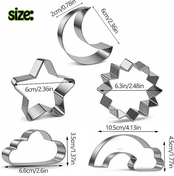 5Pcs Star, Moon, Sun, Rainbow and Cloud Cookie Cutters,Stainless Steel Cute Cookie Cutters,for Baking Pastry Cupcake Party Birthday Cake Decorations (5PCS)