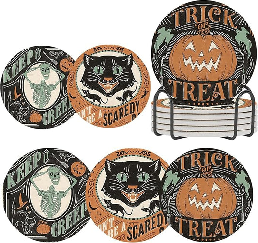 Halloween Scaredy Cat Pumpkin Skeleton Coasters for Drinks Set of 6,Round Absorbent Ceramic Stone Coaster with Metal Holder Stand,Vintage Halloween Coasters with Cork Base for Parties,Gifts