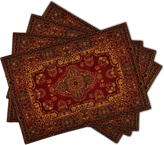 Red Gold Boho Placemats Set of 4 Bohemian Vintage Retro Rug Carpet Linen Washable Kitchen Dining Table Mats Stain Heat-Resistant Desktop Decor Place Mats for Home Party Indoor 12x18 in