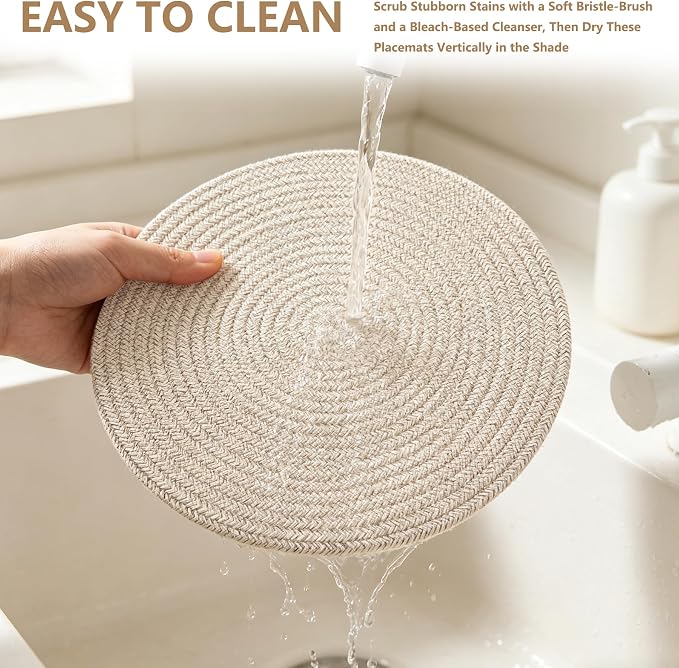 Round Woven Placemats Set of 6, 13.4 Inches Cotton Round Placemats, Heat Resistant Washable Table Mats for Indoor & Outdoor Dining Table Decor
