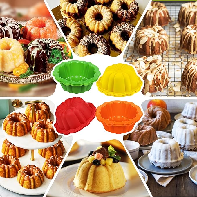 Webake 4 Inch Silicone Mini Cake Pan Set of 8, Nonstick BPA Free Fluted Tube Cake Pans for Baking, Muffins, Cupcakes