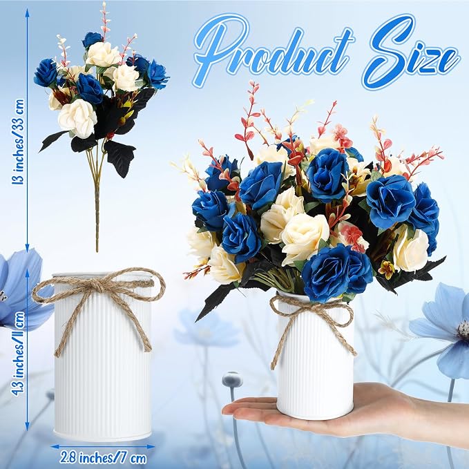Domensi 12 Sets Wedding Centerpiece for Table Artificial Rose with Vase Fake Bouquets and Metal Pot Flower Arrangements for Bridal Shower Birthday Party Event Table Decor (Dark Blue)