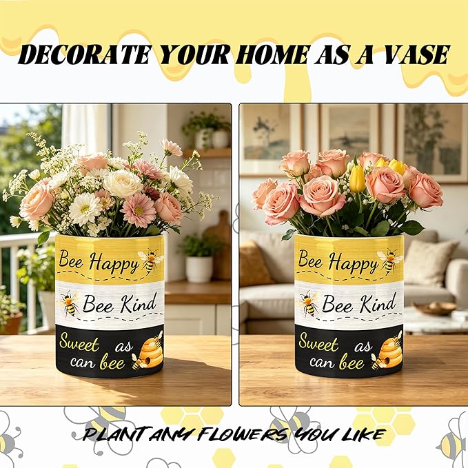Bee Utensil Holder, Honey Bees Ceramic Kitchen Utensil Holder, Utensil Crock for Home Kitchen Countertop Storage Organizer Container, Large Holder for Spatulas, Spoons, Kitchen Counter Decor, 6"