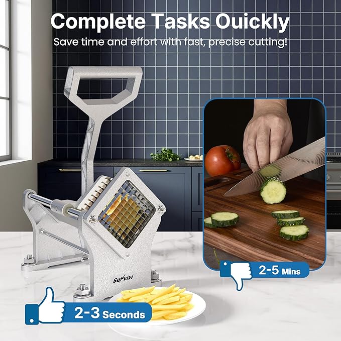 Commercial French Fry Cutter with 1/2 Inch & 3/8 Inch Blade and 6-wedge Slicer, Heavy Duty Potato Slicer, Stainless Steel Potatoes Cutter for Potatoes, Carrots, Cucumber, Onion, Yam
