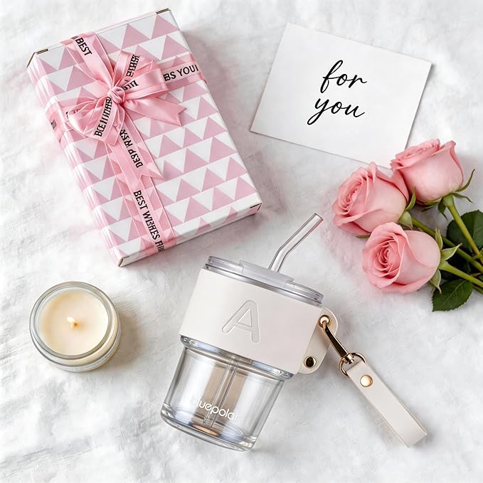 Monogrammed Gifts for Women-Personalized Glass Tumbler with Straw,Custom Iced Coffee Cups with Lids as Wedding Birthday Mothers Day Gift for Her Wife Bride (A)