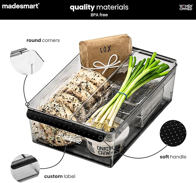 madesmart Premium Large Fridge Bin, Organizer for Produce, Cheeses, Meats & Deli Items, Dry-Erase Label Area, Multi-Purpose Fridge Storage, Soft Grip Handles, Clear