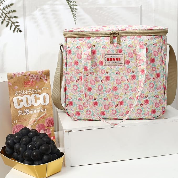 Insulated Cooler Tote Bag for Girls Adult Women, Waterproof Lunch Box Organizer for Office Work School Picnic Beach BBQ party-Pink Floral