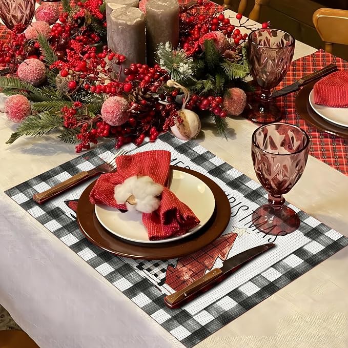 Aofmee Christmas Placemats Set of 6, Washable Christmas Place Mats for Kitchen Dining Table, Indoor/Outdoor Woven Vinyl Christmas Table Mats, Non-Slip Heat Resistant Holiday Placemats Easy to Clean