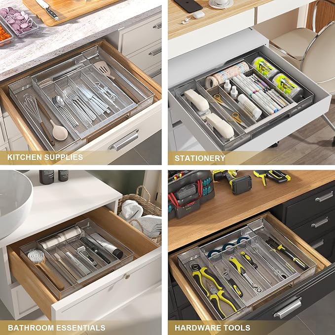 Sedegn Silverware Organizer Metal Mesh, Drawer Organizer, Utensil Cutlery Tray Expandable Flatware Organizer with 7 Compartment Silver 9.6"~16.1" x 13.8"
