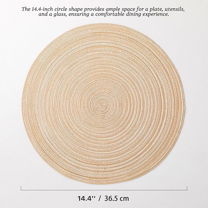 Round Placemats Set of 6 Woven Placemats Washable Braided Table Mats for Dining Table Heat Resistant Non-Slip Circle Place Mats(Beige)