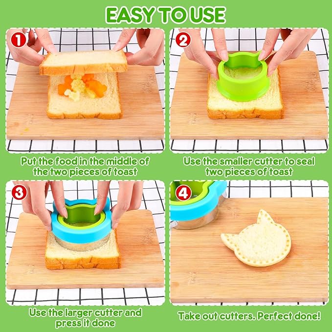 12 Pack Sandwich Cutter and Sealer Set Crustable Bread Decruster DIY Cookie Stamps Mold Vegetable Fruit Cutters Shapes for Kids Back to School Bento Box Accessories
