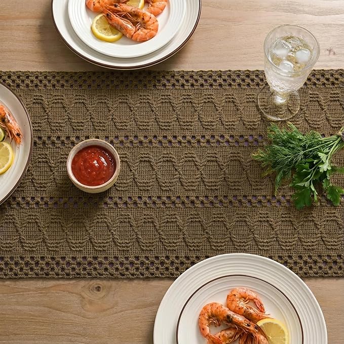 Artoid Mode Light Coffee Farmhouse Woven Rustic Hollow Table Runner, Seasonal Holiday Hollow Kitchen Dining Table Decoration for Home Party Decor 12x72 Inch