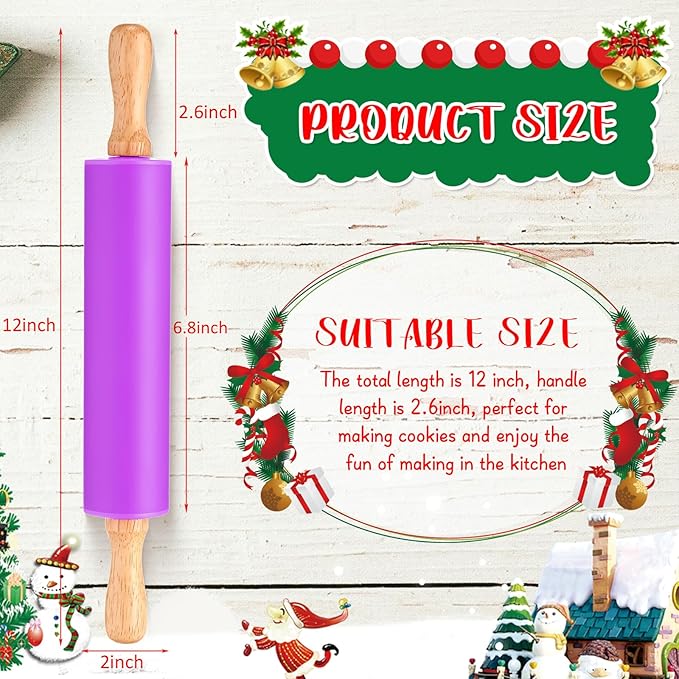 Dandat 12 Pcs Small Rolling Pin Kids 12 Inch Mini Silicone Rolling Pin for Baking Non Stick Kids Dough Roller with Wooden Handle for Kitchen Cookie Pastry Fondant Cake 6 Colors