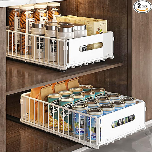 2 Pack Pull Out Cabinet Organizer, Heavy Duty Slide Out Drawer with No Drill Adhesive or Screw Mount, Carbon Steel Roll Out Shelf for Kitchen Cabinet, Pantry & Bathroom Storage