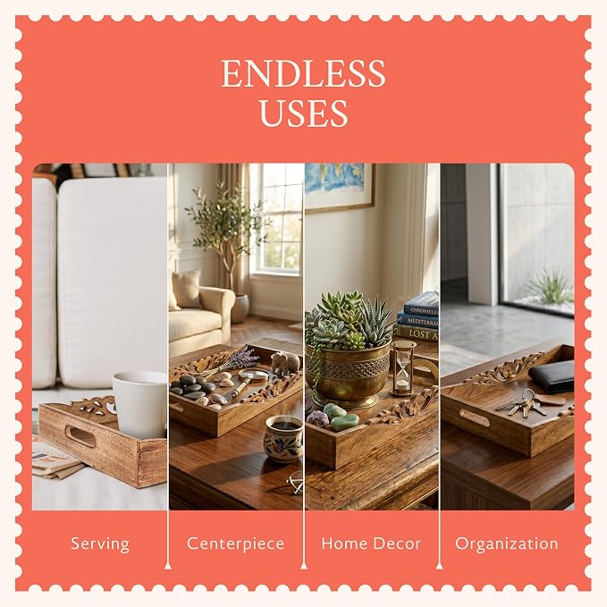 Mela Artisans 16” x 12” x 2.5” Mango Wood Serving Tray with Handles – Orchid Medium Burnt – Handcrafted Wooden Serving Board for Breakfast, Coffee & Home Décor
