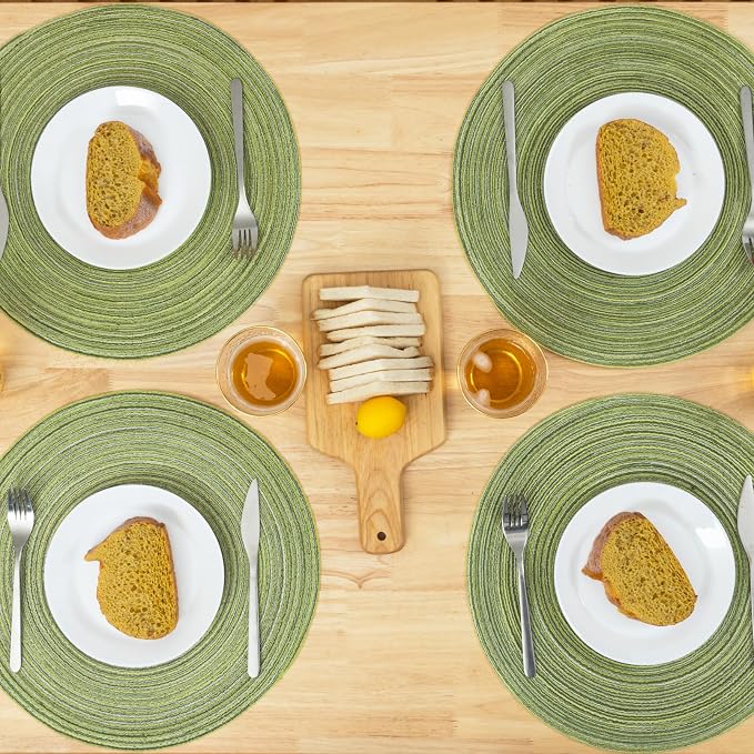 Winknowl Round Braided Placemats Set of 4 Washable Woven Heat Resistant Table Mats for Kitchen Dining Tables 15 inch Round Place Mats (Pea Green,4)