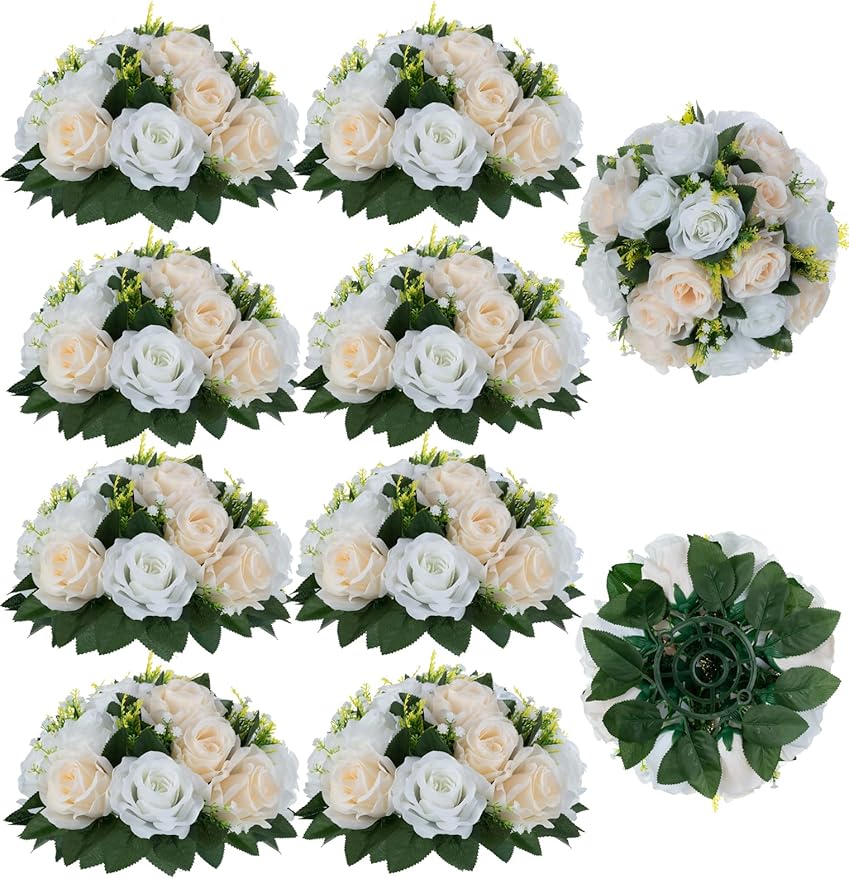 Flower Balls Wedding Rose Centerpieces: 10pcs Fake Flowers Decor for Table | Artificial Champagne White Kissing Balls Floral Arrangements - Faux Flower Bouquet with Base Home Party DIY Decorations