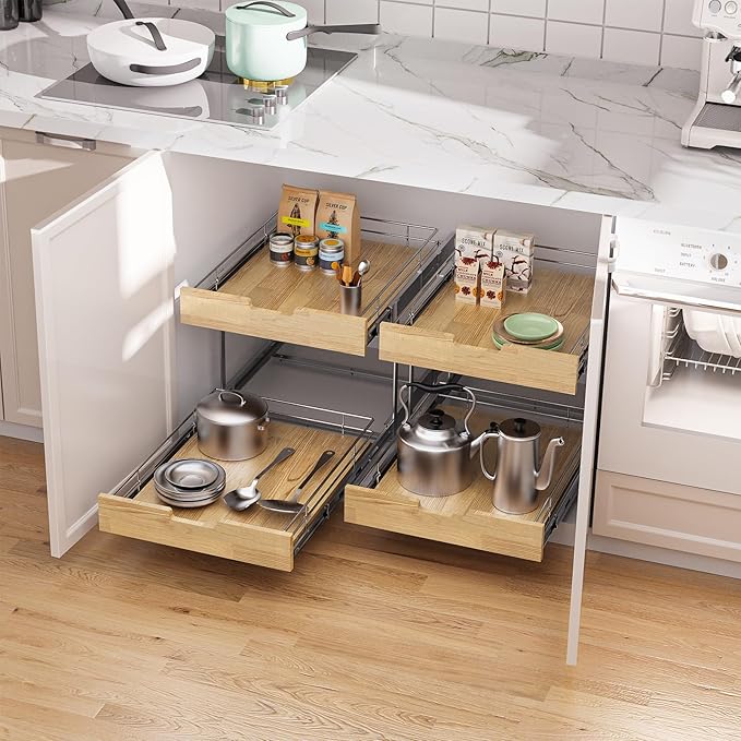 Sikarou Pull Out Cabinet Organizer,Heavy-Duty Slide Out Shelf, Wood and Wire Basket, Pull Out Drawer for for Kitchen Under Sink Space, Pantry, Bathroom, 2 Tie 26 * 21 in