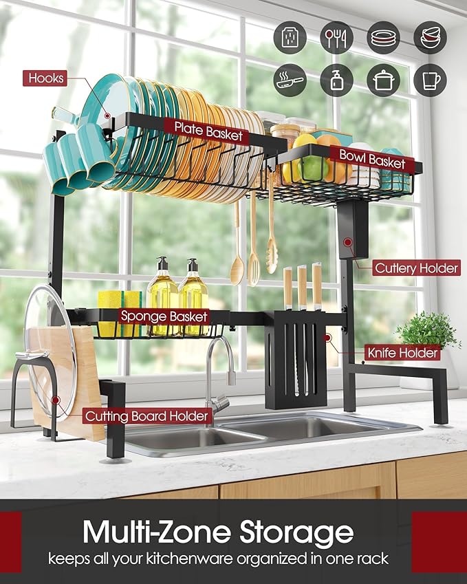 Sakugi Over The Sink Dish Drying Rack - Adjustable 2 Tier Large Capacity Stainless Steel Drainer with Cutlery & Utensil Holders, Kitchen Storage & Organization, 30"-33.9" L x 11" W x 21.5" H, Black