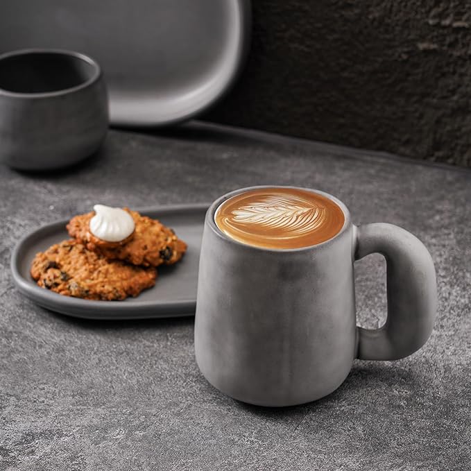 Uaral Ceramic Large Coffee Mugs,Pottery Coffee Mug Set with jumbo handle,Handmade mugs for Coffee,Latte,Milk,Cocoa or Tea,20oz,Set of 2(Dark Gray)
