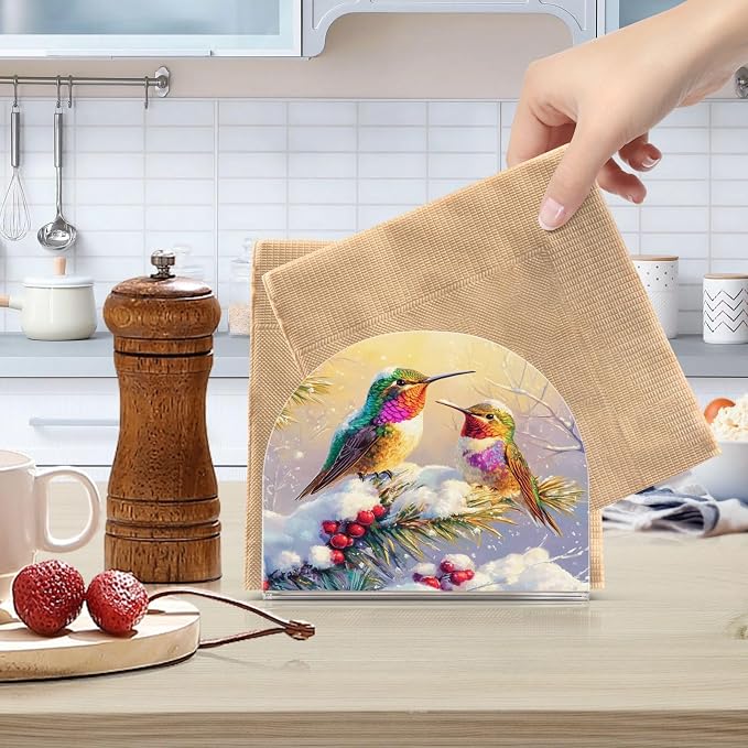 Napkin Holder Acrylic Napkin Holder for Table Kitchen Party Restaurant U Shaped Upright Napkin Dispenser Organizer Winter Hummingbirds and Pine Tree