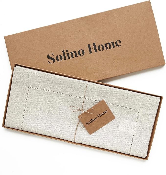 Solino Home Linen Light Natural Table Runner 60 Inches - Classic Hemstitch, 100% Pure Linen Coffee Table Runner 14 x 60 Inch Ideal for Dresser Tables - Summer