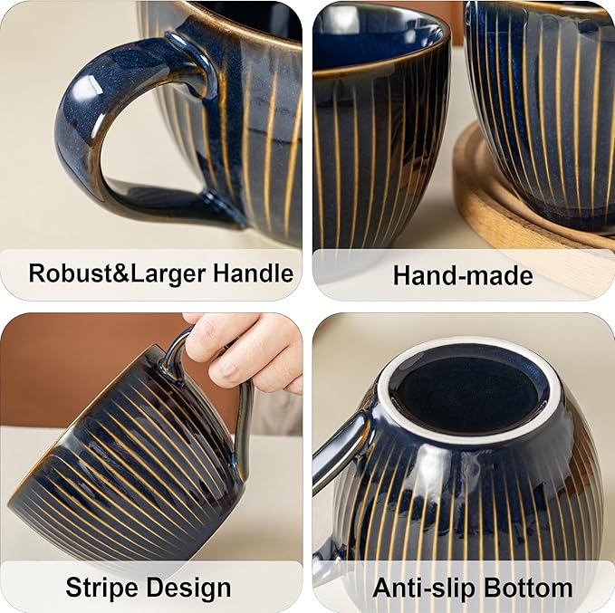 Ceramic Large Coffee Mugs with Handles, 24 oz Coffee Cups, Large Soup Mugs for Hot Chocolate, Cappuccino, Ramen, Oatmeal, Soup Mugs with Handles, Dishwasher and Microwave Safe((Vertical Stripe Blue)