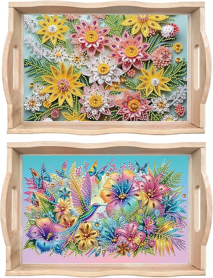 BAYUNOE 2Pcs DIY Diamond Serving Tray Rectangular Breakfast Tray with Handle Handmade Diamond Art Painting Wooden Tray Spring Creative Dinner Plate Coffee Room Living Home Organizer-02