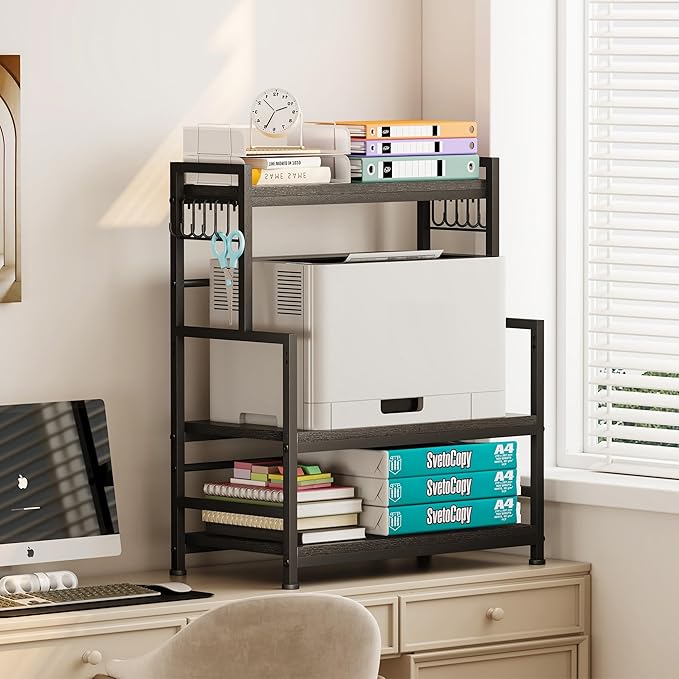 23.6"W Large Kitchen Countertop Organizer,3 Tier Spice Rack Organizer with Adjustable Shelf and 10 Hooks,Wooden Counter Organizer,Space Saving Countertop Shelf Microwave Stand for Kitchen,Coffee Bar