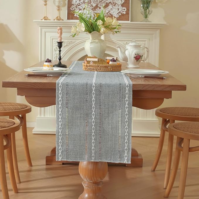 Niviy Boho Cotton Linen Blue Table Runner, Farmhouse Woven Table Runners Spring Summer Holiday Kitchen Dining Table Decoration for Home Party Decor 13 x 72