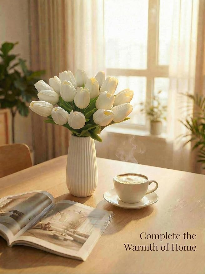 Mandy's White Artificial Tulips Flowers Centerpiece, 13.5" Lifelike PU Fake Floral Stems 20pcs for Kitchen Island & Dining Table, Spring Decor for Easter