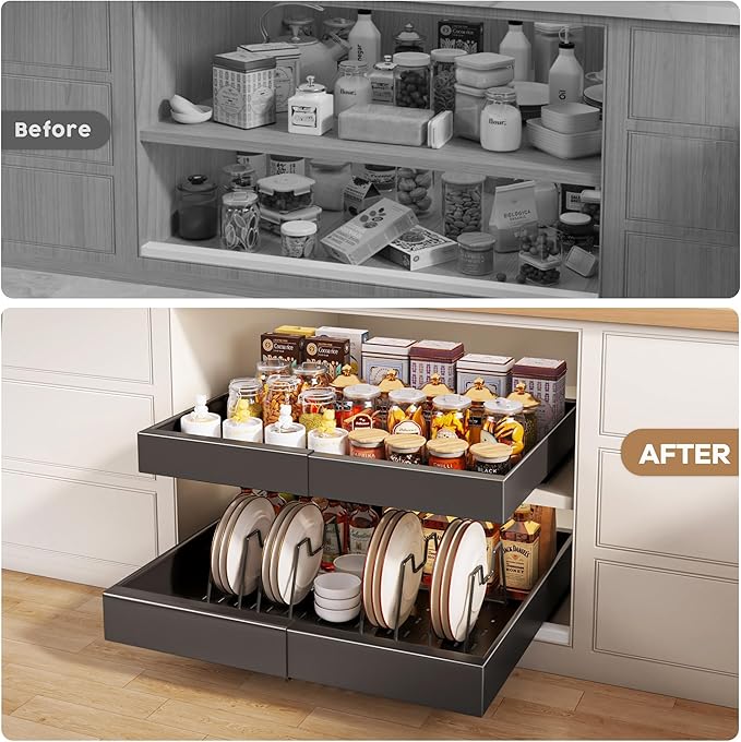 Seinloes 2 Pack Pull out Cabinet Organizer 21"Deep With Raising Pad for Framed Cabinets, Expandable Slide out Drawers for Kitchen Cabinets with 4pcs Divider Racks, Roll out Shelves 12.1"-20.4" W Black