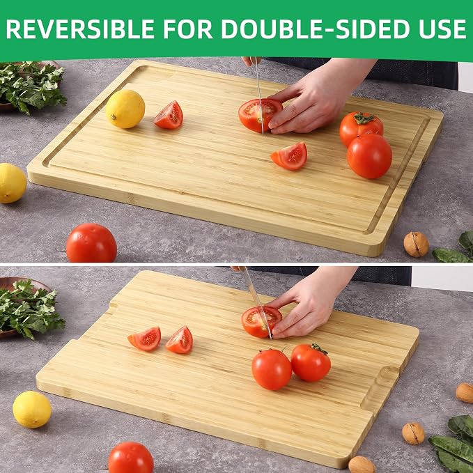 GarveeHome 20 in Large Cutting Board, Bamboo Wood Cutting Board for Kitchen with Handles and Juice Groove, Reversible Chopping Board for Meat, Cheese Board Charcuterie Serving Tray, 20 x 14 in