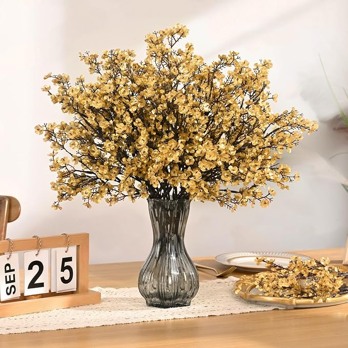 Waipfaru 15 Pcs Baby's Breath Artificial Flowers Gypsophila for Home DIY Floral Arrangement Table Centerpiece Living Room Christmas Decoration (Gold)