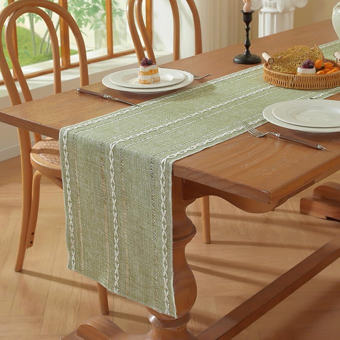 Niviy Sage Green Boho Cotton Linen Table Runner, Farmhouse Woven Table Runners Spring Holiday Kitchen Dining Table Decoration for Home Party Decor 13 x 72