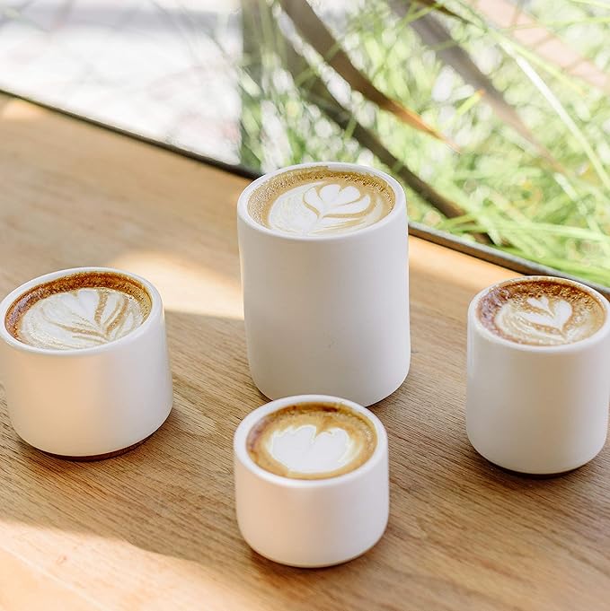 Fellow Monty Milk Art Cups Bundle - Matte White with Copper Base - Double Wall Ceramic Cappuccino Mugs - 6.5oz & 11oz - Set of 2