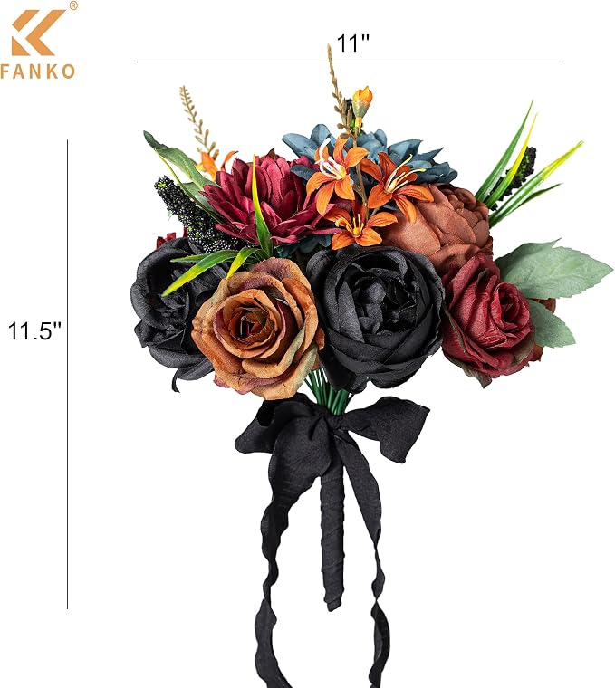FANKO Artificial Flowers for DIY, Black Burgundy Brown Faux Flowers Bouquet, Fake Rose Dahlia Lily Silk Flowers for Vase, Home Decor, Rustic Wedding, Gothic Events, Party, Themed Birthday