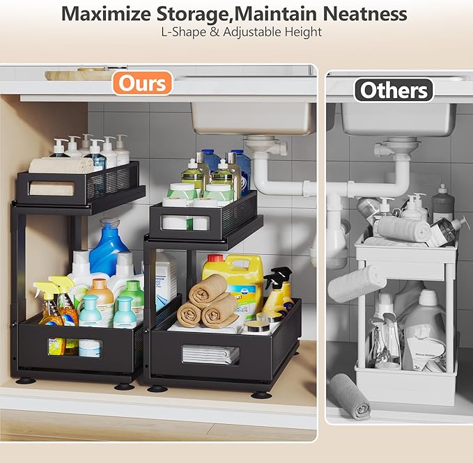 2 Pack Under Sink Organizer with Next-Gen Ball-Bearing Slides,2-Tier Pull Out Cabinet Storage,Height Adjustable Drawer Shelf for Bathroom,Kitchen,Laundry,Cabinet,Pantry(Patent Pending)