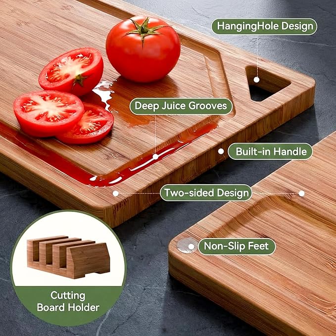 Bamboo Cutting Boards for Kitchen, Wood Cutting Boards with Deep Juice Grooves, 3-Pack Bamboo Cutting Board Set with Holder, Chopping Board & Charcuterie Board for Meal Prep & Serving